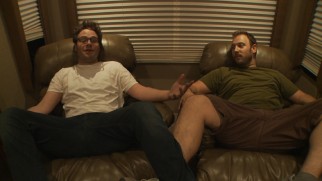 Seth Rogen and Evan Goldberg strike an interesting pose to discuss "Directing Your Friends."