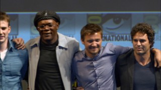 The all-star cast assembled for next year's "The Avengers" (pictured: Chris Evans, Samuel L. Jackson, Jeremy Renner, and Mark Ruffalo) stands together at a Comic-Con 2010 panel.