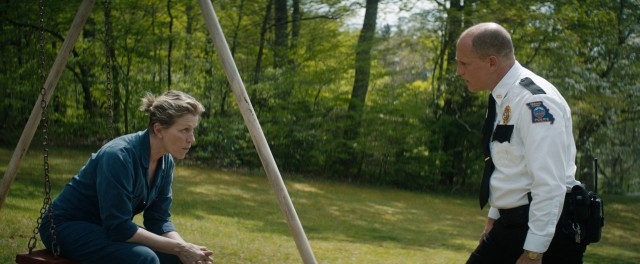 Mildred Hayes (Frances McDormand) gets a visit from Sheriff Willoughby (Woody Harrelson) after she purchases "Three Billboards Outside Ebbing, Missouri."