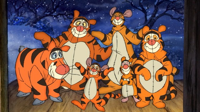 The Hundred Acre Wood gang poses as Tigger's family, wearing less than convincing striped orange costumes that make it easy to identify Eeyore, Owl, Roo, Kanga, Piglet, and Pooh.
