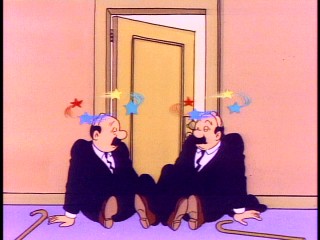 Bumbling British detectives Thomson and Thompson take many a spill, even in the hallway outside their shared office.