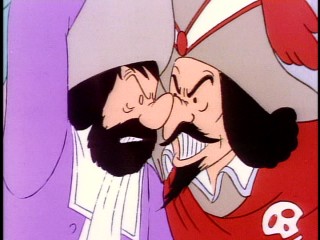 The dastardly pirate Red Rackham (right) squares off with Captain Haddock's ancestor Sir Francis Haddock in tale retold in "The Secret of the Unicorn."