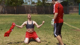 Daniel Tosh strips down to his sports bra for the cartwheeling goalie's Web Redemption.