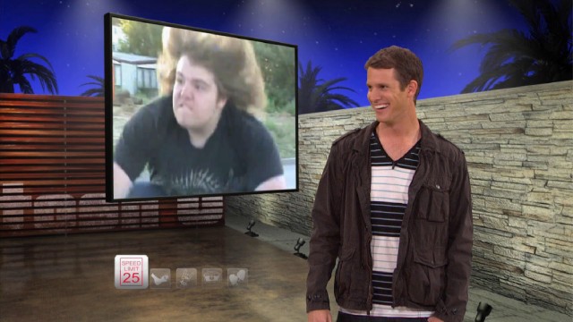 Daniel Tosh is amused by the sight of a young man celebrating his run past a speedometer.