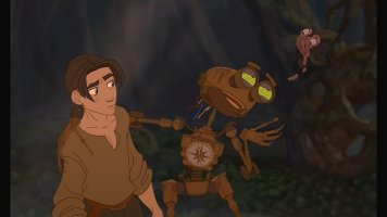 Jim Hawkins (voiced by Joseph Gordon-Levitt) meets B.E.N. (voiced by Martin Short) in Disney's "Treasure Planet."