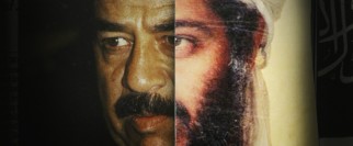 A split-screen composite illustrate how some of the public blended Saddam Hussein with Osama bin Laden into one common enemy.