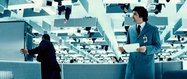 Adam Kirk (Jim Sturgess) gets a job on Transworld's Floor Zero, with co-workers upside down above him.