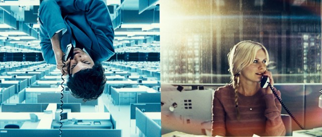 Having experienced a rainy nighttime upside down kiss from a superhero, Kirsten Dunst doesn't seem all that excited by a daytime indoor upside down phone chat with Jim Sturgess in "Upside Down."