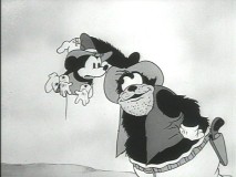 Pete holds up Minnie in "Two-Gun Mickey."