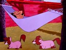 In "Puss Cafe", Pluto naps away while two cats sneak into the yard.