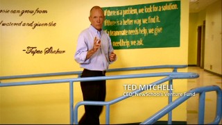 In front of a Tupac Shakur quote on the wall of KIPP LA Prep, NewSchool Venture Fund CEO Ted Mitchell discusses "Changing the Odds" in public education.