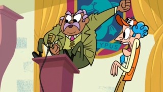 Mr. Kidswatter abuses his out-of-service microphone while Louis watches in horror.