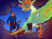 Superman bursts onto the scene of a destructive villain whose wardrobe Dr. Evil will one day raid.
