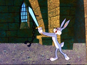 Bugs Bunny wields his newly-claimed singing sword in the "Knighty Knight Bugs", the wise-alecky rabbit's only Oscar-winning cartoon.