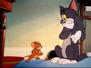 Tom reveals himself to be quite the scaredy cat after the elixir he feeds Jerry gives the mouse newfound strength in "Dr. Jekyll and Mr. Mouse."