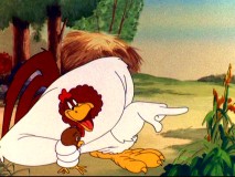 Foghorn Leghorn points Henery Hawk towards a chicken (Barnyard Dawg) in "Walky Talky Hawky", which receives an audio commentary from animation historian Jerry Beck.