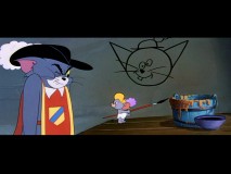 France's royal guard Tom is none too pleased with Nibbles/Tuffy's artistic rendering of him. This Cinemascope sequel "Touch, Pussy Cat!" is one of six cartoons on the set to feature an alternate music track.