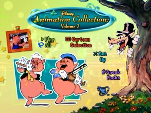 The Big Bad Wolf salivates behind a tree while the Three Little Pigs assume prominence (down to curly pig tail cursors) on the Walt Disney Animation Collection Volume 2 DVD main menu.