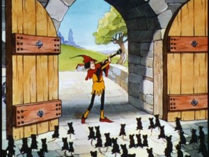 The Pied Piper leads the hordes of rats out the gates of Hamelin.