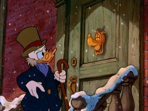 Ebenezer Scrooge (Scrooge McDuck) is surprised to see his deceased partner Jacob Marley in his door knocker.