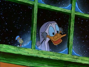 Ebenezer Scrooge (McDuck) is excited to be shown a scene from his youth by the Ghost of Christmas Past (a.k.a. Jiminy Cricket) in "Mickey's Christmas Carol."
