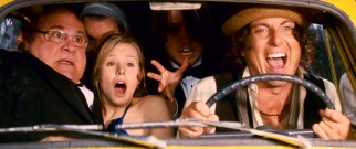 What wacky fun! Five grown adults (counting tiny Danny DeVito and Kristen Bell) squeeze into Antonio's (Will Arnett) tiny yellow "clown car" for a wild ride that ends in a Guggenheim Museum elevator via one of the film's weak visual effects.