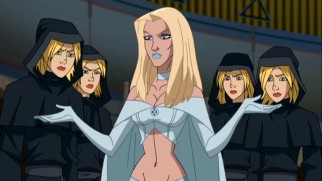 The intentions of sultry telepath Emma Frost remain in doubt as she commands the robed Stepford Cuckoos to do her bidding.