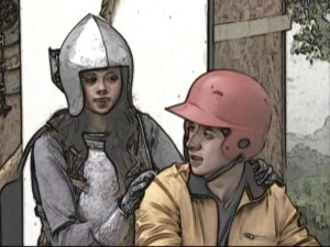 In Photoshop filter glory, Alex (Selena Gomez) wears the appropriate ensemble for a duel against Gigi, while Justin (David Henrie) wears slightly less proper headgear for riding a motor scooter.