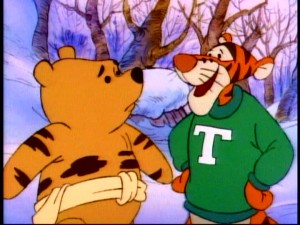 Going shirtless with some stripes drawn on and a cloth tail wrapped around his waist is all Pooh needs to do to convince Tigger he is like him in "Wishing Bear."