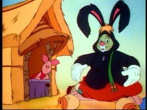 Rabbit dons Mickey Mouse colors to play the Big Bad Bunny in Winnie the Pooh and company's unorthodox storytime of "Three Little Piglets."