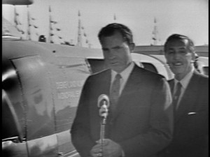 Future president Richard Nixon appears alongside Walt Disney to dedicate the newly-opening Disneyland Monorail.