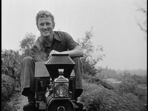 Kirk Douglas gets to be guest engineer on Walt's miniature train, as seen in "Where Do the Stories Come From?"
