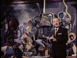 A superimposed-looking Walt "tours" the sullied toy factory set from "Babes in Toyland."
