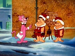 Snagglepuss spots Fred Flintstone and Barney Rubble ringing a bell on the street in an effort to raise money for the children of Bedrock.