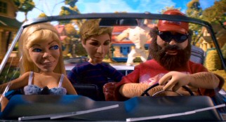 Creative renderings of Jean Smart, Michael Cera, and Zach Galifianakis are seen in the film's opening drive claymation.