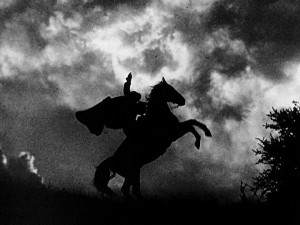 Zorro poses heroically as Tornado rears in this iconic shot from the opening title sequence.