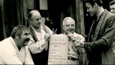 Actors Henry Calvin, Gene Sheldon, and Guy Williams have fun with director Charles Barton in this behind-the-scenes photo from "The Life and Legend of Zorro."