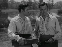 Ricardo (Richard Anderson) prepares to settle his beef with Zorro in a duel... but first, he'll settle his beef with Diego in a flowery white shirt contest.