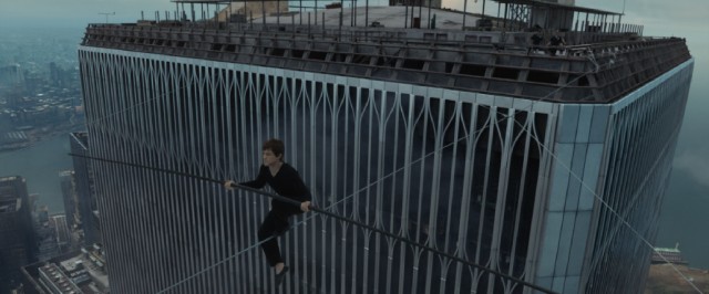 Philippe Petit (Joseph Gordon-Levitt) makes his incredible walk on a tightrope strung between the tops of the Twin Towers.