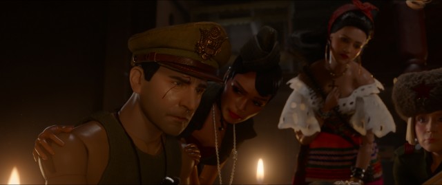 Cap'n Hogie (Steve Carell), Hogancamp's animated alter ego, is consoled by some of the women from his life given the doll treatment.
