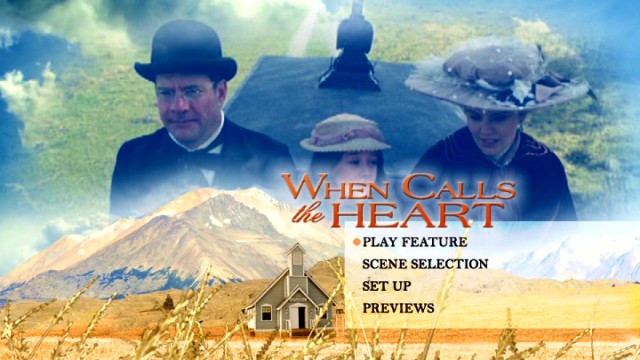 Elizabeth Thatcher gets a ride from an undertaker into the Western town she'll call home on the "When Calls the Heart" DVD main menu.