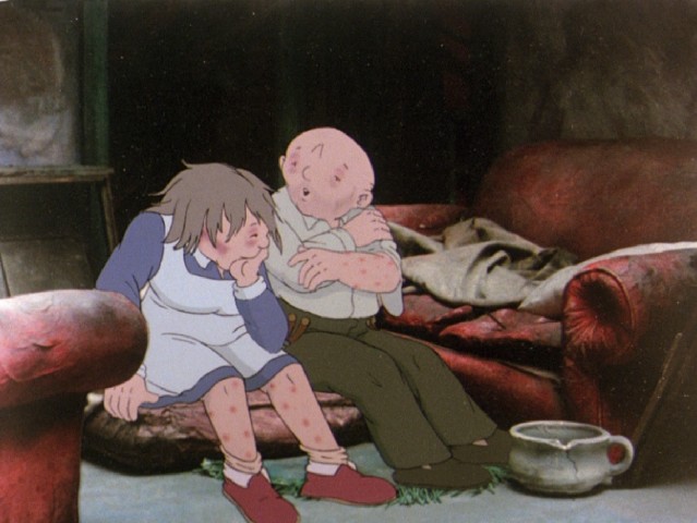Old married couple Hilda and Jim Bloggs suffer devastating effects of a nuclear bomb fallout in "When the Wind Blows."
