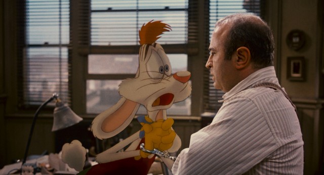 Cartoon star turned murder suspect Roger Rabbit pleads his innocence to private eye Eddie Valiant (Bob Hoskins) in "Who Framed Roger Rabbit."