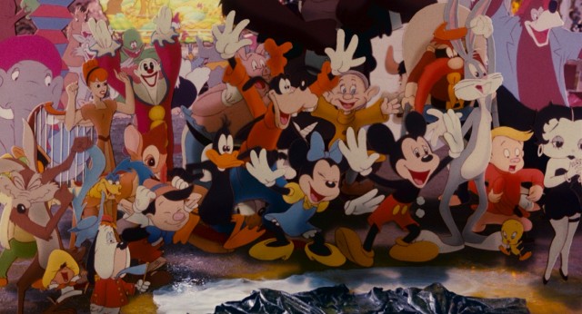 Classic cartoon characters from a variety of animation studios come together to celebrate the saving of Toontown in the film's closing sequence.