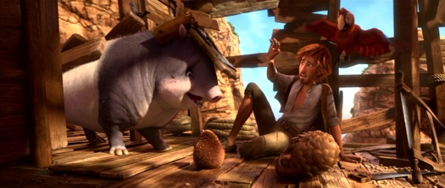 Robinson Crusoe tries building a vessel for escape, with some "help" from his animal allies.