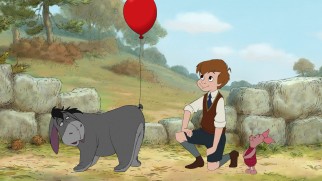 A red balloon is one of the more appropriate items Eeyore's friends use to replace his missing tail.