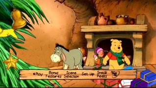 Eeyore and Piglet are ambivalent about being alternately joined by Pooh and Tigger on the all-new Merry Pooh Year DVD main menu.