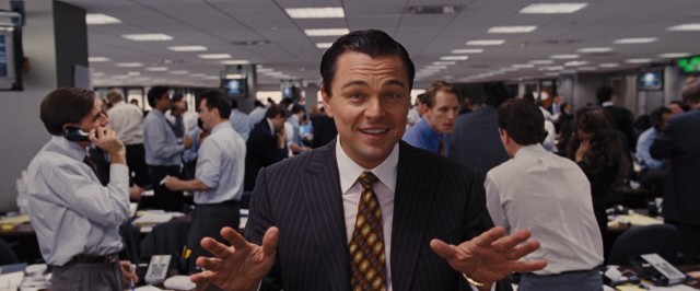 Jordan Belfort (Leonardo DiCaprio) occasionally addresses the viewer directly, attempting to explain the secrets (and illegality) of his success, but soon giving up.