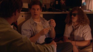 The guys spend a trippy night at their cubicle with a bag of shrooms in "Office Campout."