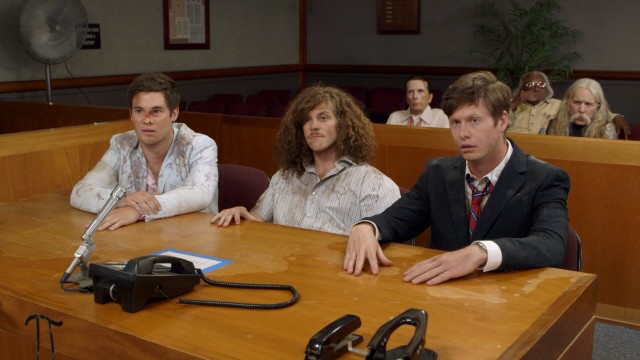 "Workaholics" Adam (Adam DeVine), Blake (Blake Henderson), and Anders (Anders Holm) take to small claims court when a colleague sells them a faulty hovercraft in "To Kill a Chupacabraj."